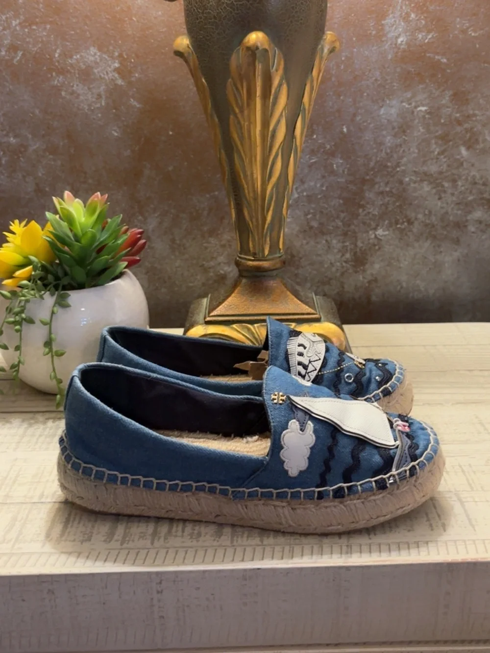 Nautical Tory Burch Denim Blue Espadrille Slip-Ons W/Natural Straw Trim ~ Size 8